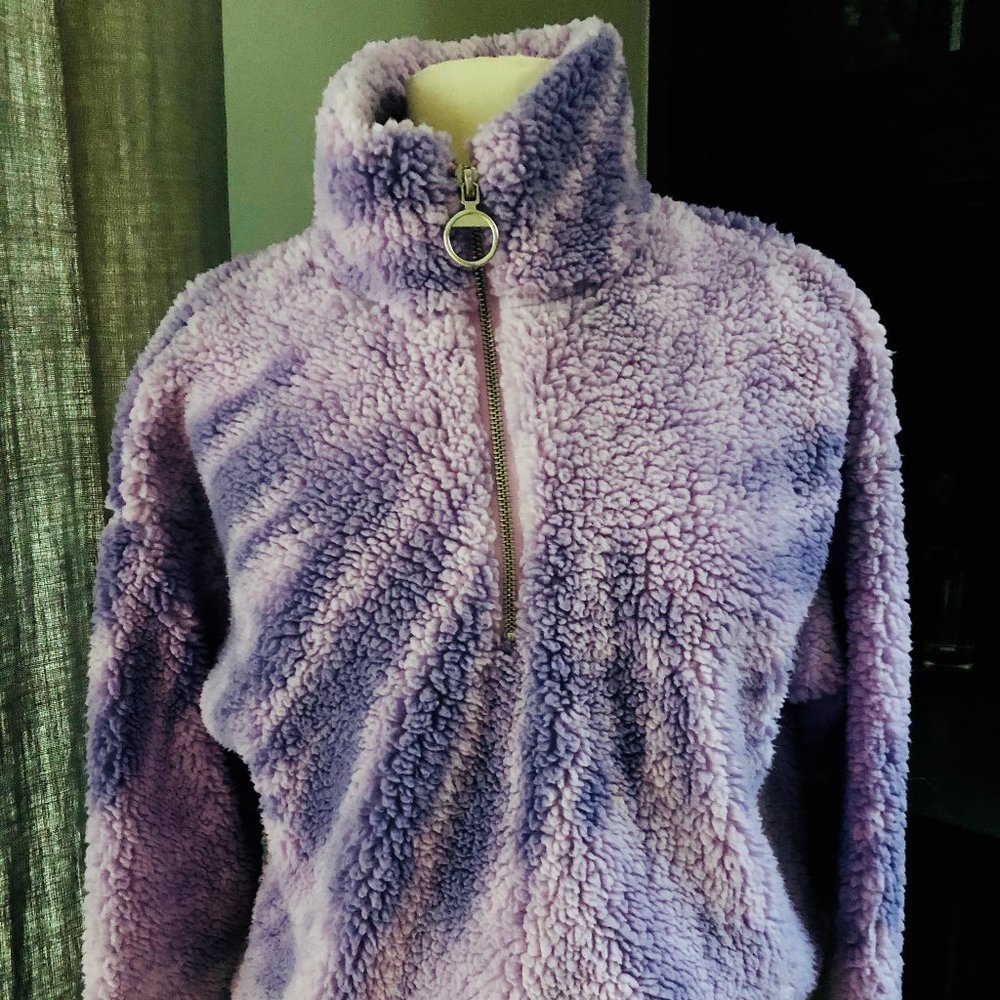 Forever 21 Purple Tie Dye Teddy Faux Fur 1/2 Zip Shirt Jacket Top Sweater